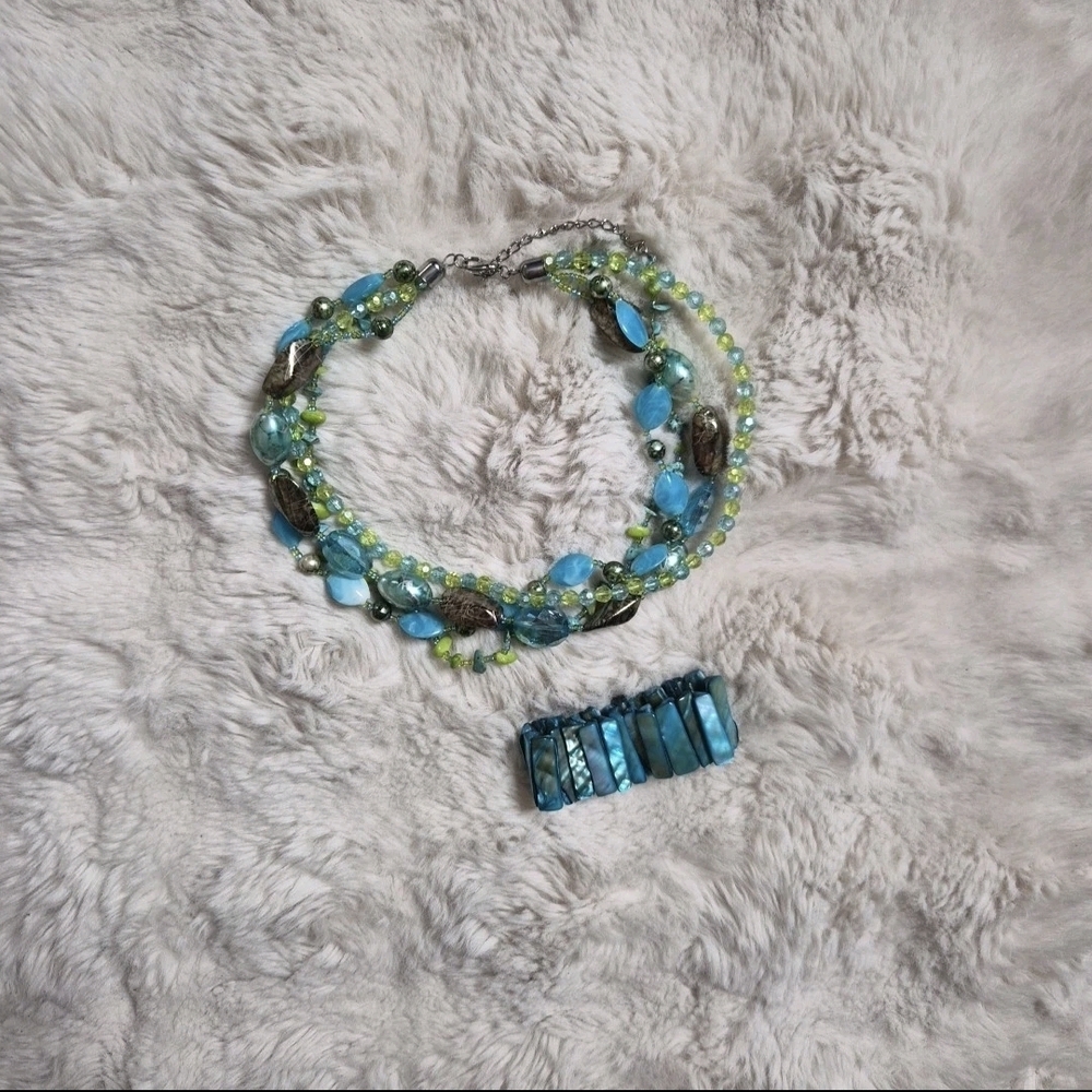 Vintage Beaded Necklace Bracelet Jewelry Set Blue Green Mermaid Y2K Artsy Boho ✨